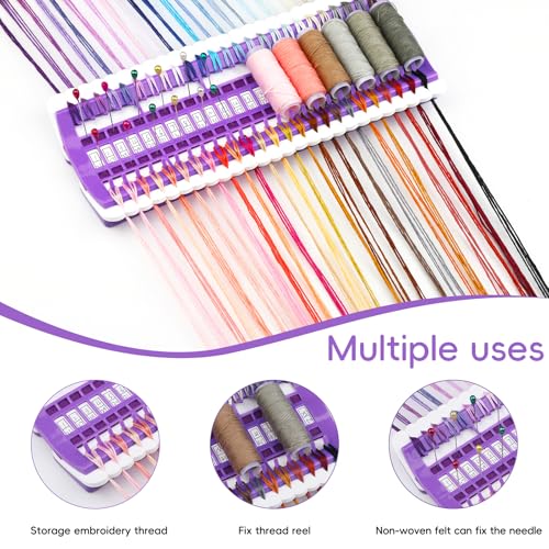 Image of Lokunn Floss Organizer Embroidery, 50 Positions, Thread Organizers for Sewing and Cross Stitch Embroidery Thread, Plastic & Non-Woven Fabric, Purple, Comes with 15 Sticky Notes
