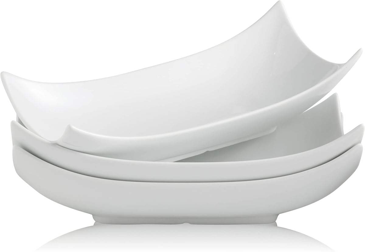 12 Inch White Porcelain Serving Platter Dishes Set of 3 Deep Bowl | Large capacity, heat resistant, curved anti-spill rims, stackable storage, for turkey salad Thanksgiving party entertaining