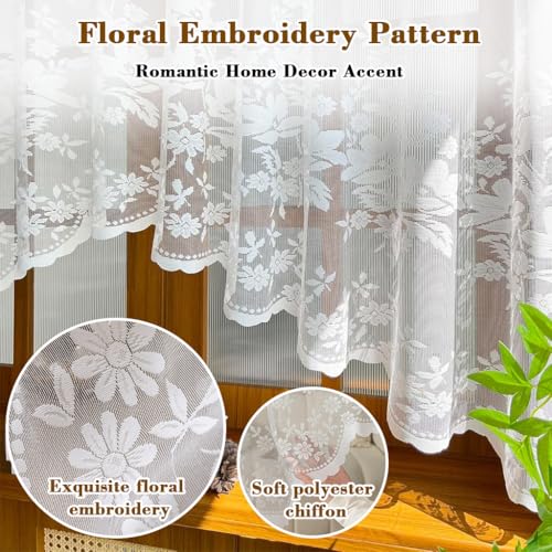 Image of HASTHIP Window Curtain for Kitchen Sheer Lace Floral Embroidered, Semi Door Divider with Rod Pocket Tab Top, Romantic Valance for Kitchen Window Cabinet Room Partition, 160x100cm