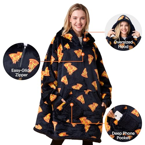 Image of Giggling Getup Wearable Blanket Hoodie for Adults Gifts for Teen Girls Sister Women Sherpa Fleece Printed Hooded Blanket Sweatshirt Warm Cozy with Pocket & Sleeves Black Pizza