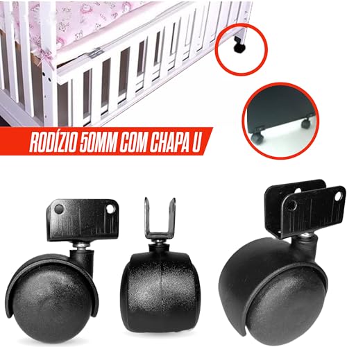 Kit 6 Rodizio para moveis Giratório sem freio 50mm Perfil U 19mm Preto