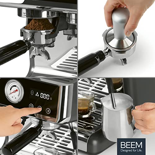 BEEM ESPRESSO-GRIND-EXPERT Premium Espresso-Siebträgermaschine mit Mahlwerk | 2-Thermoblöcke | Extraktions- und Mahlzeitanzeige, Edelstahl, Silber-schwarz
