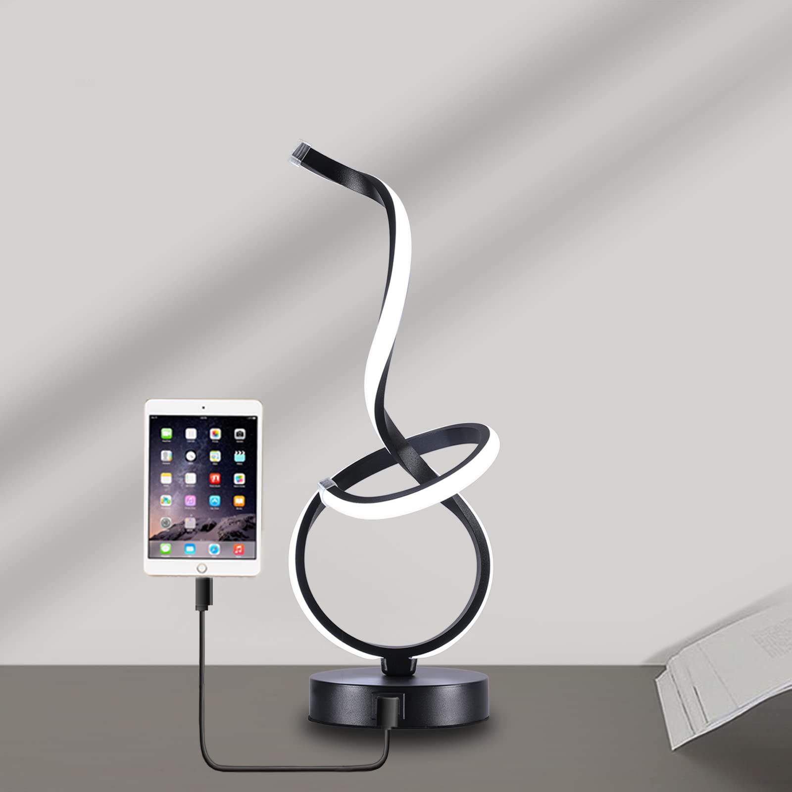 Tischlampe mit 2 USB Ladeanschlüssen Kreative Moderne LED Schwarze Leselampe für Arbeitszimmer Schlafzimmer Bürolampe Nachttisch Schreibtischlampen Kühles Weißes Licht 16W