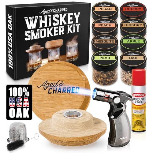 Whiskey Smoker Kit with Torch and Butane and Old Fashioned Syrup - 8 Flavors Wood Chips, 100% USA Oak, High-End Set - Old Fashioned Bourbon Cocktail Smoker Kit Gifts for Men Dad