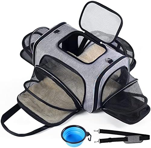 Cat Travel Bag 4 Sides Expandable Pet Carrier Airline Approved Folding Soft Sided Transport Tote Bag for Kittens, Puppies & Small Animals with Folding Bowl and Removable Fleece Pad