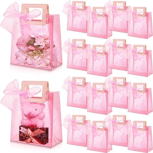 40 Pcs Clear Pink Gift Bags with Handles Wedding Transparent Glitter Tote Bags 7 x 4 x 8 Inch Reusable PVC Gift Wrap Bags with Gauze Ribbons for Bridal Party Baby Shower Birthday