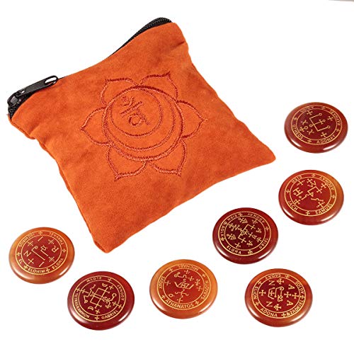 mookaitedecor 7 PCS Carnelian Stones Engraved Magic Archangel Symbol, Polished Palm Stone Crystal Set with Sacral Chakra Bag for Reiki Healing
