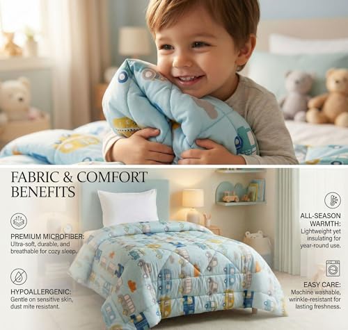 Image of VAS COLLECTIONS 180 GSM Microfiber Reversible AC Comforter | Kids Printed Winter Quilt /Duvet for Single Bed | Soft Warm Cozy Blanket | Size 58 x 86 Inches (147 x 218 cm) (Kid Bus Print)