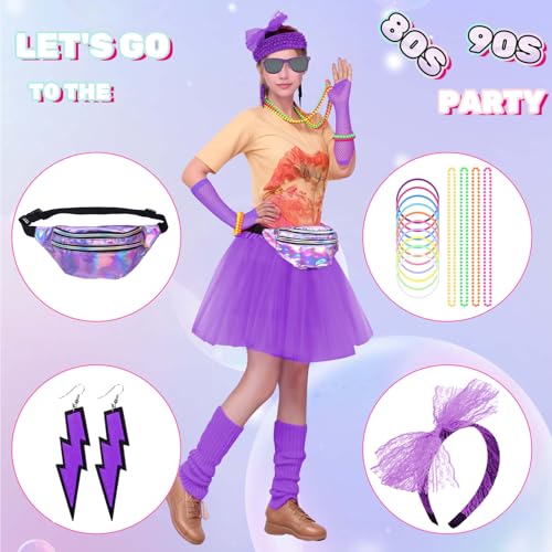 Aleshime 80s Costume Accessories for Women Girls, 1980s Party Costume Accessories Bumbag Earrings Fishnet Gloves Necklace Glasses Bracelet Headband, Retro Outfit for 80s Party/Dress up Day(Purple) - Image 6