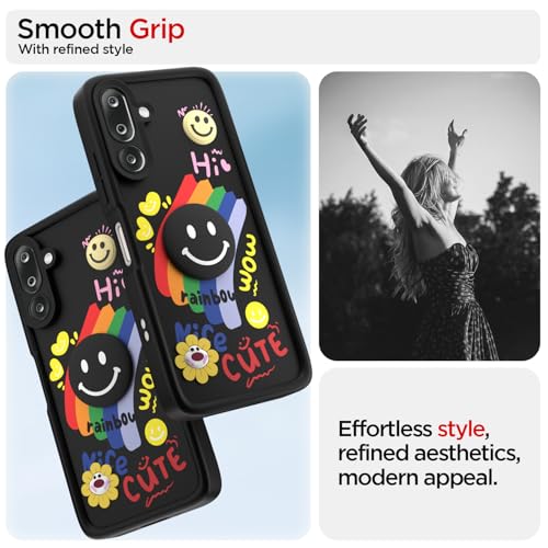 Image of Pikkme Back Cover for Samsung Galaxy M36 5G | Soft Silicone| Cute Rainbow Smile & 3D Cartoon Flower Design | Shockproof Raised Camera Protection Bumper Case (Black)