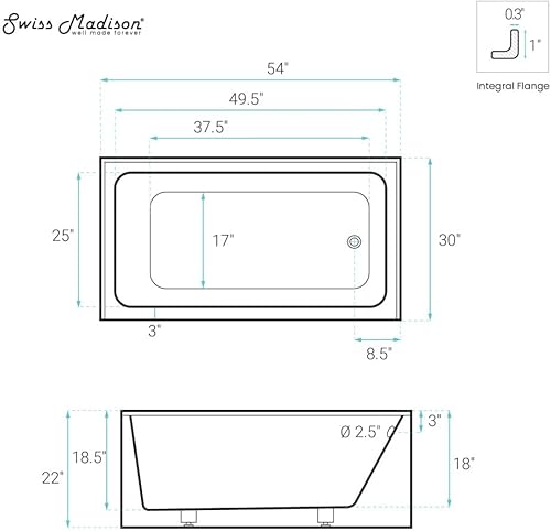 Miniatura 135 de Swiss Madison Well Made Forever SM-DB561 Voltaire - Bañera acrílica de drenaje para zurdos de 48 x 32 pulgadas, 48 x 32 pulgadas, color blanco
