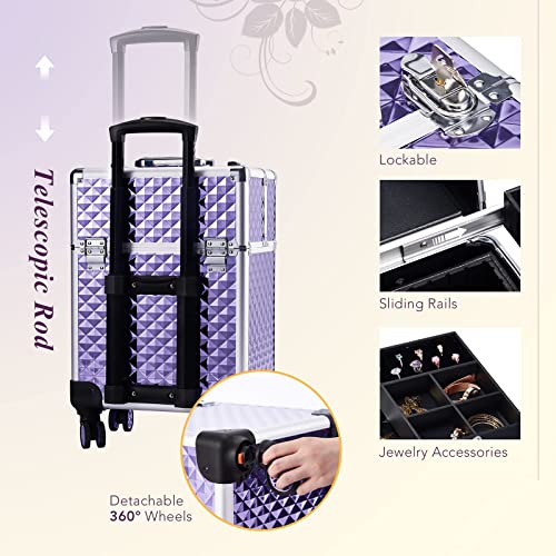 Stagiant Aluminum Rolling Makeup Train Case Large Organizer Cosmetic Trolley 4 Tray Sliding Rail Removable Middle Layer With Key Spinner Wheels Salon Barber Storage Case - Purple Diamond #TOP4