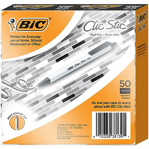 BIC Clic Stic stylos bille écriture noire pointe moyenne pack 50 fournitures de bureau école
