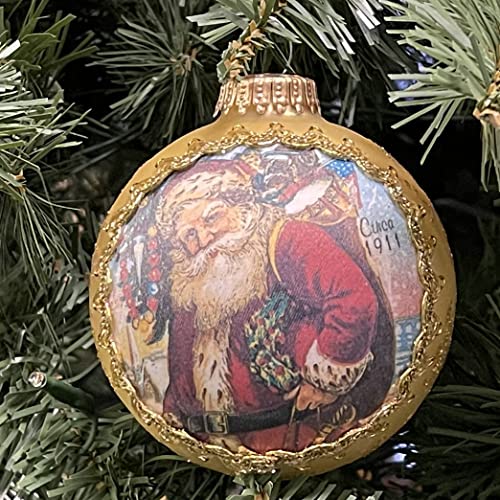 Christmas By Krebs Personalized 3 ¼” (80 Mm) Gold Glass Ball Vintage Historic Santas On Silk Collection Circa 1911, Gift For Men Women Family Keepsake Décor, Hand Appliqued, Gold Braid Customize, Usa #TOP2