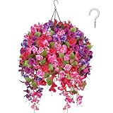 Luabue 6 Ramas Flores Artificiales Colgantes Exteriores 64cm Artificiales Colgantes de Petunias de Seda Rojo Rosa Fucsia para Jardines Paredes Bodas Terraza en Primavera con 1PCS Maceta