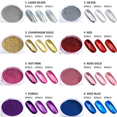 Nail Powder Wenida 8 Colors 1g/Jar Holographic Chrome Mirror Laser Synthetic Resin Pigment Manicure Art Decoration with 8pcs Eyeshadow Sticks - Thumbnail 2