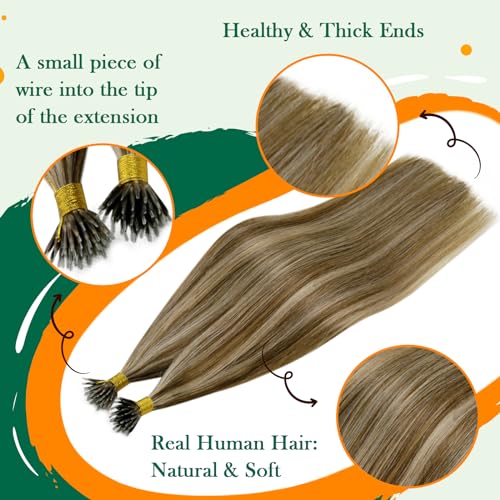 Easyouth Nano Hair Extensions Human Hair Highlight Brown Hair Extension Nano Human Hair Medium Brown with Honey Blonde Nanobeads Hair Extensions Real Human Hair Cold Fusion 14 Inch 50g/50s #P4/27 - Image 4