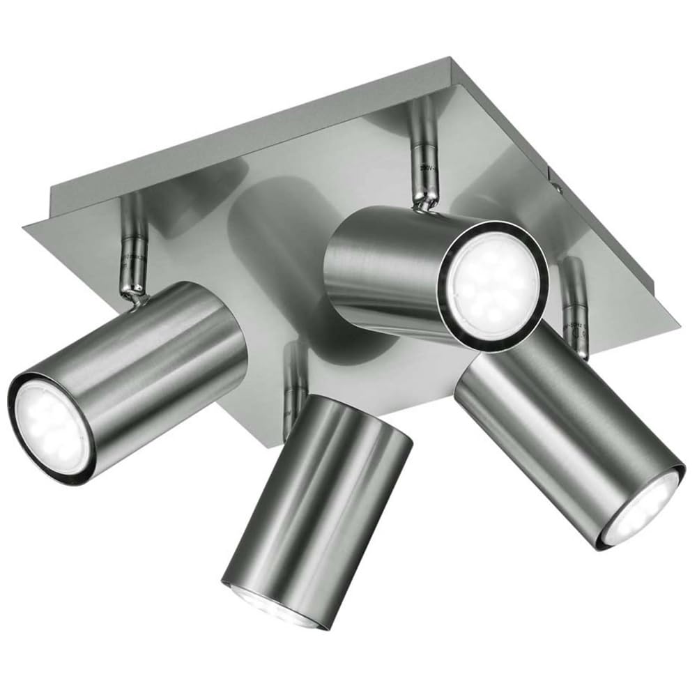 Britalia Matt Nickel Modern 4 Lamp Square Plate Cylindrical Heads Spot Light | Requires 4 x GU10 Lamps (Not Included) | Adjustable Necks