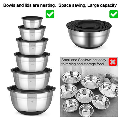 Mixing Bowls With Airtight Lids, 12PCS Stainless Steel Nesting Mixing Bowl Set - 1.5/ 2 /2.5 /3.5 /4 / 7 Quart With Non-Slip Silicone Base for Mixing & Serving & Food Storage