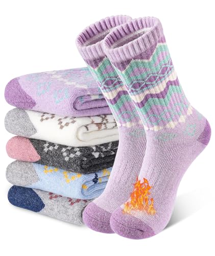 SIMIYA 5 Pairs Merino Wool Socks for Women, Winter Extra Thick Thermal Warm Hiking Socks Women Crew Cushion Socks