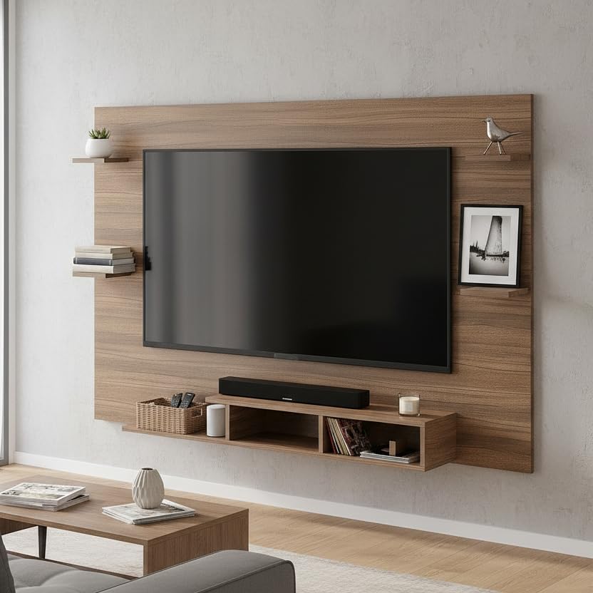Image of FURNEASER Harrison Wall Mount TV Cabinet for Living Room | TV Unit with Back Panel, Set Top Box Stand & Display Shelves | Modern TV Rack & Entertainment Unit for 43 50 55 Inch TV (Exotic Teak)