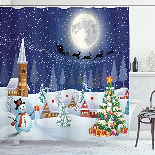 Ambesonne Christmas Shower Curtain, Winter Season Snowman Xmas Tree Santa Sleigh Moon Present Boxes Snow and Stars, Cloth Fabric Bathroom Decor Set with Hooks, 69