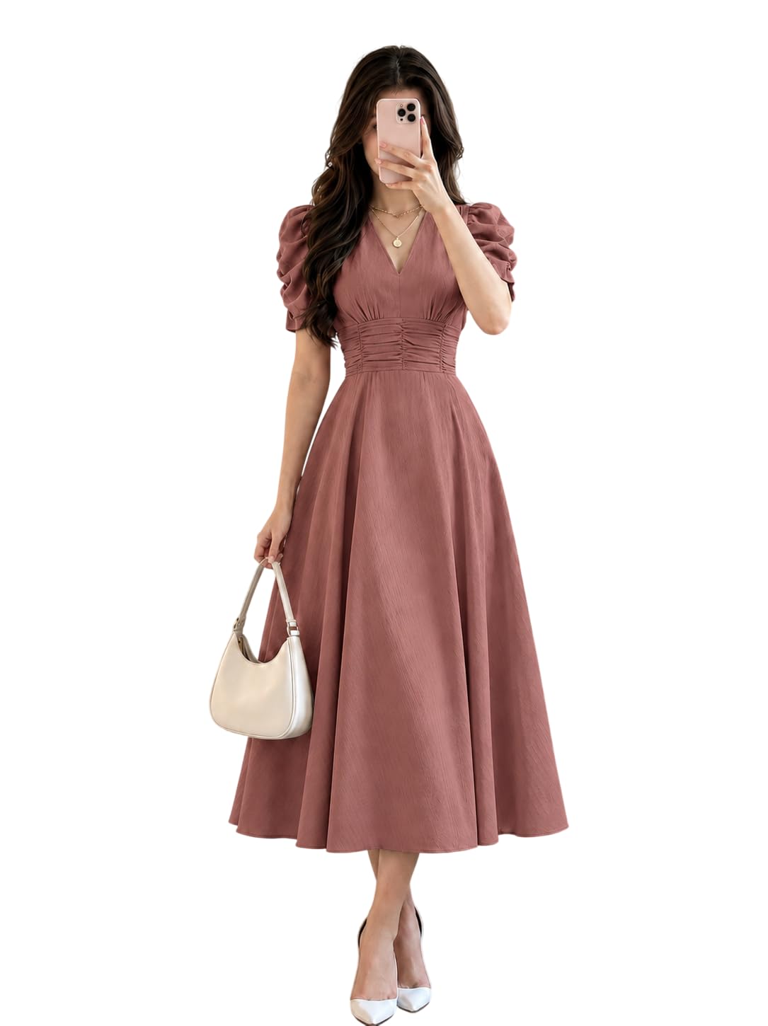 Buy Zurity Dress for Women | Midi Dress for Women | V Neck Puff Sleeve Casual A Line Frock One Piece for Girls (47-D-4-DUSTY-PINK-M) at Amazon.in
