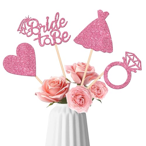 12 PCS Bride to Be Centerpiece Sticks Double Sided Glitter Heart Ring Dress Bridal Shower Table Flower Centerpieces for Wedding Engagement Bachelorette Party Flower Decorations Supplies Pink