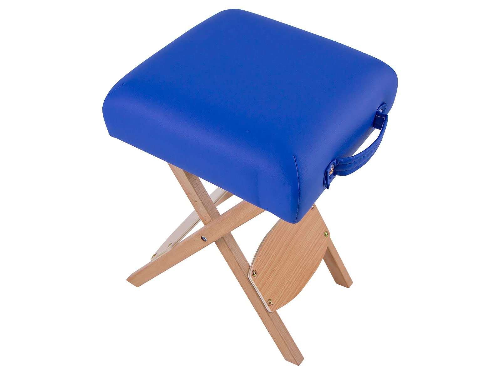 QUIRUMED Taburete Plegable de Madera con Asiento, Tapizado en Color Azul, Multiusos, Mesa Auxiliar, Reposapiés, Polipiel, Transportable, hasta 100 kg, 33 x 33 x 48