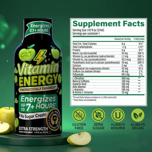 Image of Vitamin Energy Sour Apple Extra Strength Energy Shot, 8 Pack - Up to 7 Hrs, 260mg Natural Caffeine, Zero Sugar - Beta-Alanine + Electrolytes, Workout Support, B12 B6 Niacin, 1.93 fl oz, Keto Vegan