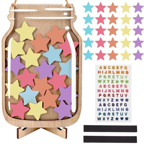 Belohnungsglas Belohnungsglas für Kinder, Belohnungsglas Magnetisch Kinder Belohnungssystem Grundschule Lehrerbedarf Belohnungsglas mit Holzhalter und 30 Stern für Klassenzimmer zu Hause(14.5 * 21CM)