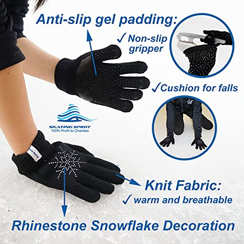 Skatingspirit Gel Padded Anti-Slip Skating Gripper Gloves With Rhinestone Snowflakes (1 Pair), Stretchy Warm Kids Adults Sparkles (Black, Small) #TOP3
