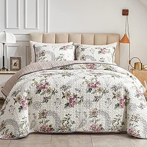 Flysheep Beige Floral Twin Quilt Set Cover