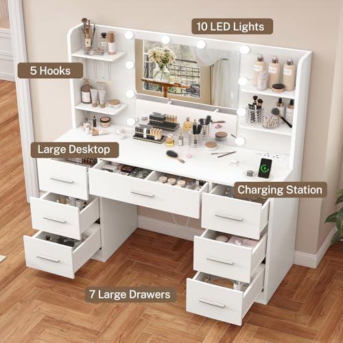 Image of FIONESO Vanity Desk with LED Light Mirror & Power Outlet, 3 Adjustable Light Color, Makeup Vanity with 7 Drawers, 4 Shelves, 5 Jewel Hooks, White Vanity for Bedroom, Girls Vanity