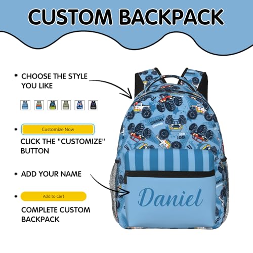 Custom Backpack for Boys, Personalized Truck Backpack with Name, Customized School Bookbag for Kids16in2