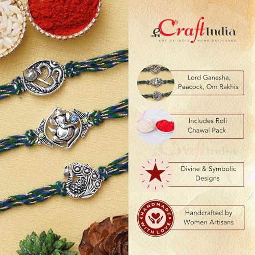 Image of eCraftIndia Set of 3 Lord Ganesha, Peacock, Om with Mace Rakhis, Best Bro Ever Fridge Magnet with Roli Chawal Pack - Rakhis for Brother, Bhabhi, Kids