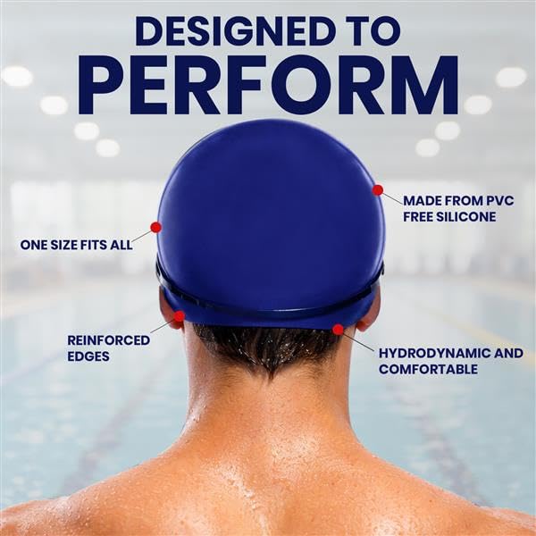 Image of JASPO Velocity Silicone Swimming Cap | Unisex Swim Cap for Men & Women | Stretchable, Anti-Slip, Waterproof Cap for Pool, Training & Professional Swimming | Blue
