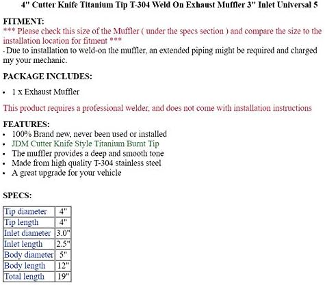 Weld-On Muffler Series 4" Cutter Knife Titanium Tip T-304 Weld On Exhaust Muffler 3" Inlet Universal 5