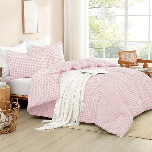 Image of Andency Pink Gingham Comforter Set Full(79x90Inch), Blush Checkered Grid Plaid Buffalo Bed Set for Girls Boys Kids Teens, 3 Pieces Lightweight Polyester Geometric Preppy Bedding