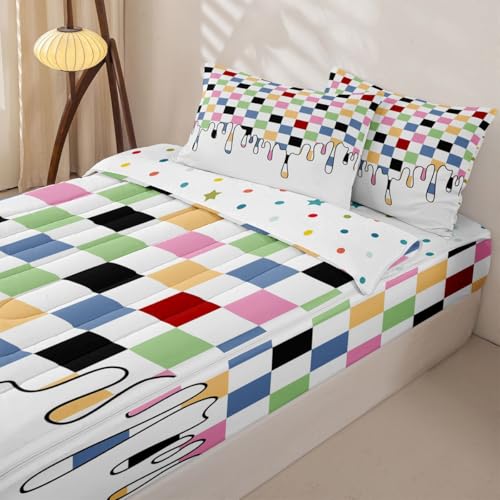 Image of Rainbow Checkered Zipper Bedding 4 Piece Comforter Set - Full Size Zip Up Comforter with Fitted Sheet & 2 Pillowcases,Checkerboard Drip Indie Aesthetic Funky Geometric Bed in a Bag for Kids