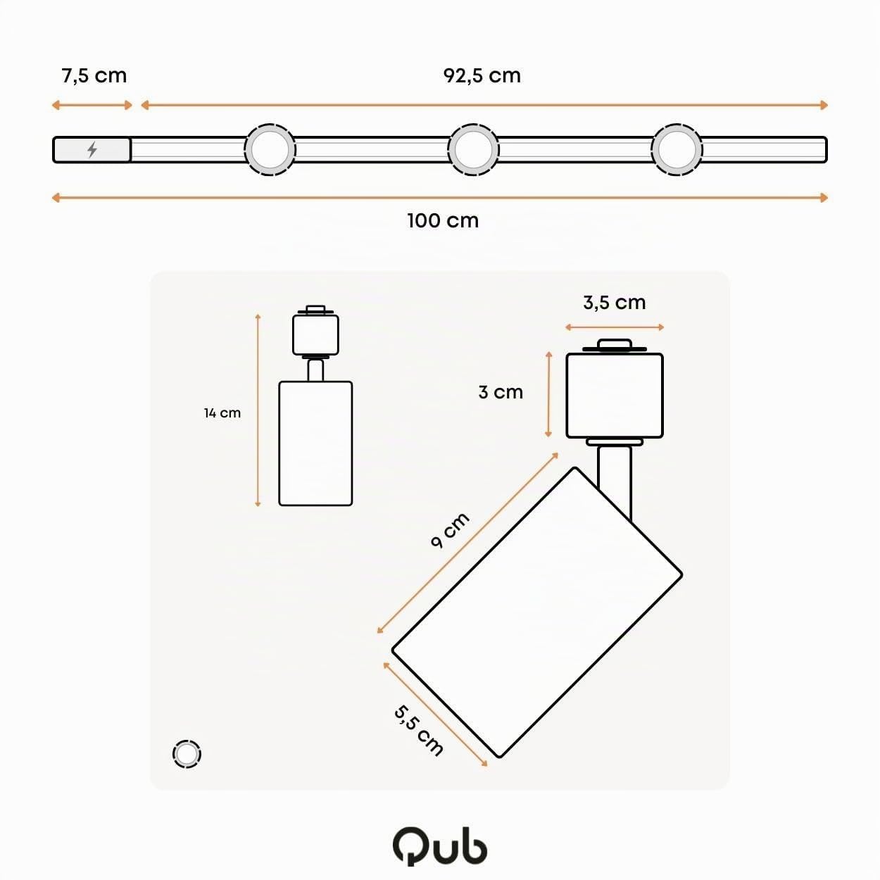 Qub Focus III - Spots et Rails de Spots - Blanc - GU10-100cm - 3 Spots sur Rail Orientable - Plafonnier LED - Cuisine, Salon, Salle a Manger - Spot de Plafond - Spots sur Rail