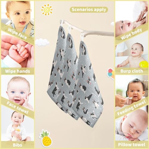 Image of vvfelixl Boston Terrier Baby Burp Cloths Baby Muslin Washcloths for Boys Girls Cotton Baby Face Towel for Newborn Infants Soft and Absorbent 11.8 X 11.8 in, 5 Pack