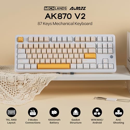 Image of MechLands AJAZZ AK870 V2 TKL Gasket Mechanical Keyboard, BT5.0 /2.4GHz /USB-C Wireless Gaming Keyboard with 10000mAh Battery, RGB Backlits, 5-Layer Padding, NKRO for Win /Mac (White Yellow)