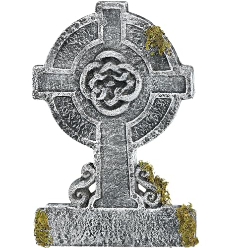 Grey Styrofoam Mossy Celtic Cross Tombstone (22