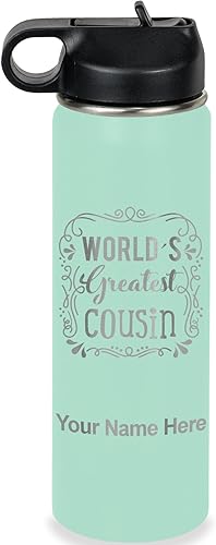 Miniatura 50 de LaserGram Botella de agua con tapa abatible de doble pared de 32 onzas con pajilla, el primo más grande del mundo, grabado personalizado incluido