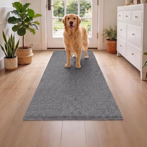 Image of H.VERSAILTEX Dog Door Mat Absorbent Dirt Trapper Non Slip Quick Dry Washable Chenille Pet Bed Mat for Mud Dogs Indoor and Outdoor(Grey, 24 inch x 60 inch)