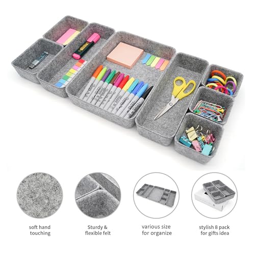 Image of Welaxy Desk Drawer organizers tray Felt storage bins aesthetics room decor for home office dorm closet decluttering minimalist lifestyle (Gray)