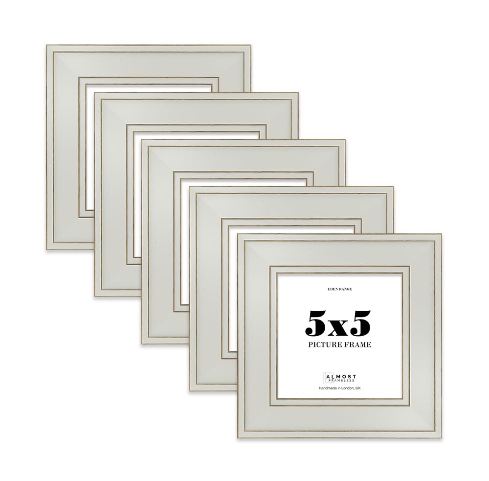 5x5 Light Grey Picture Frame - Shabby Chic Photo Frame with Distressed Finish, Gold Trim, Wall Hooks and Kickstand, 37mm Edge - 5 Pack