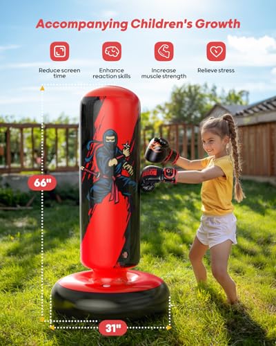 Image of QPAU Punching Bag for Kids, 66 Inch Stable Inflatable Boxing Bag with Boxing Gloves, Stand Kids Punching Bag Toy for Boys & Girls Age 6-12, Boxing Set for Practicing Karate, Taekwondo, MMA