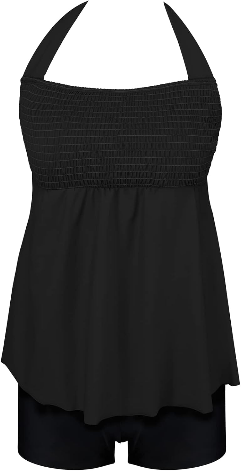 B2prity Women's Tankini Swimsuits Halter Plus Size Two Piece Bathing Suits Tummy Control Shirred Swimwear with Boyshorts